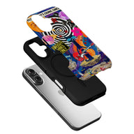 Colorful cosmic cat phone case over black base, angled exploded product display