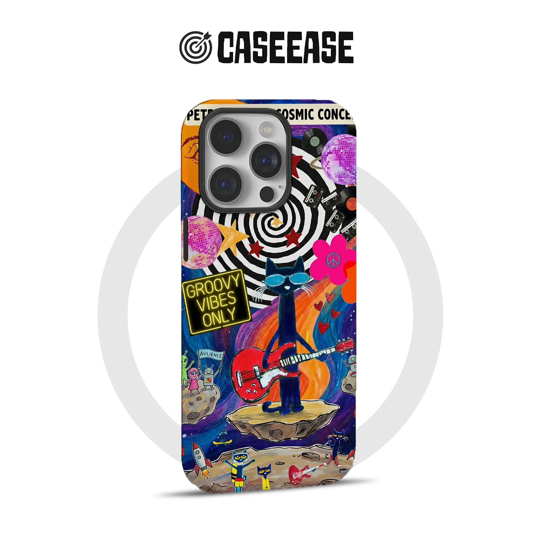 Colorful CASEEASE phone case with cosmic concert cat artwork, rear angle for iPhone style