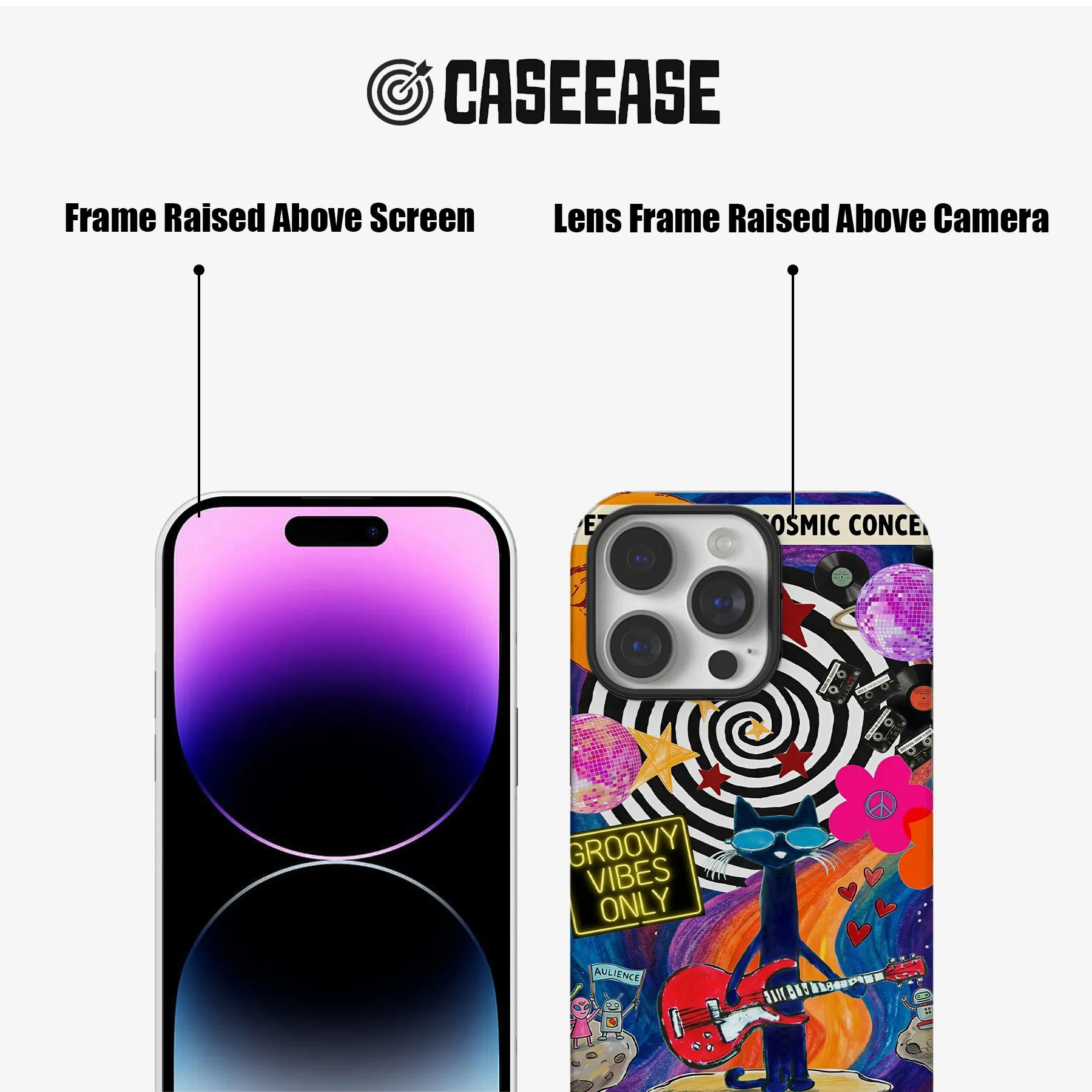 Colorful groovy phone case front and back showing raised screen and camera frames