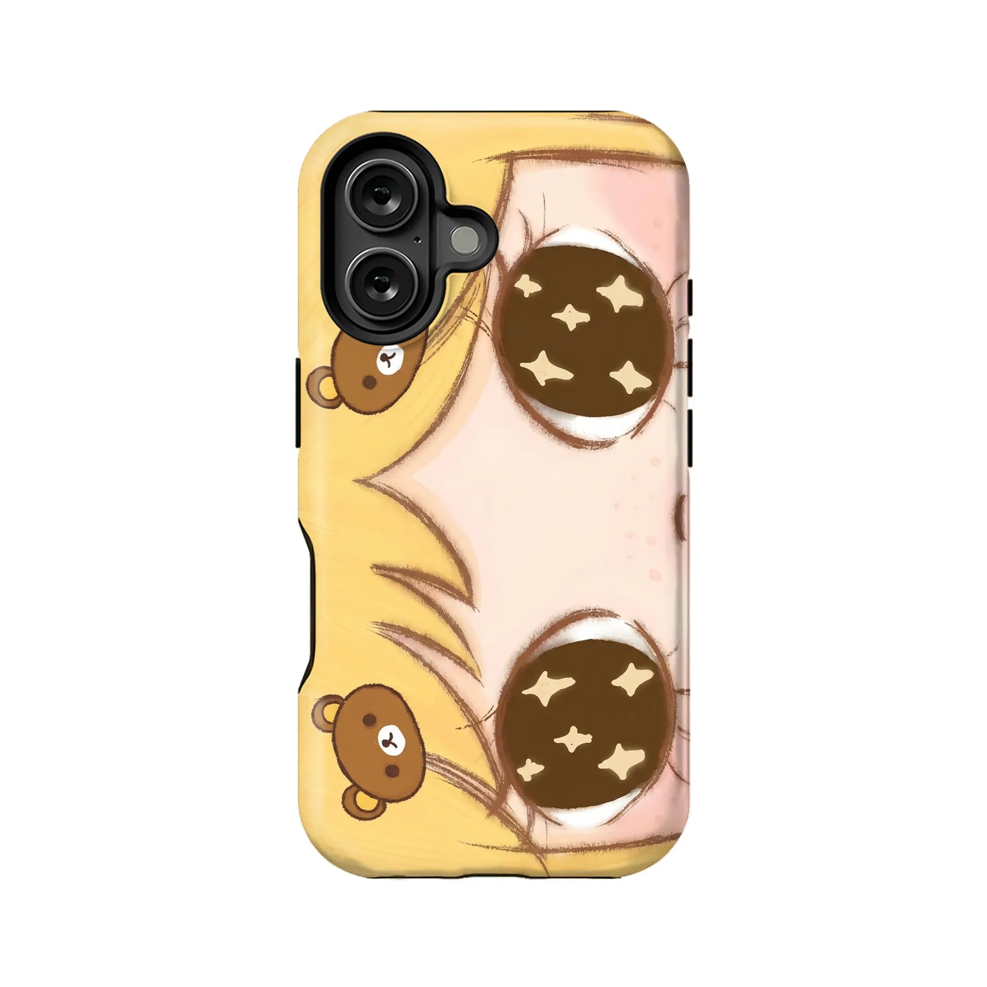 Yellow and pink cartoon bear phone case, rear view with dual camera cutout