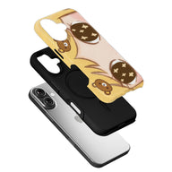 Yellow bear anime phone case with black inner shell, angled above smartphone