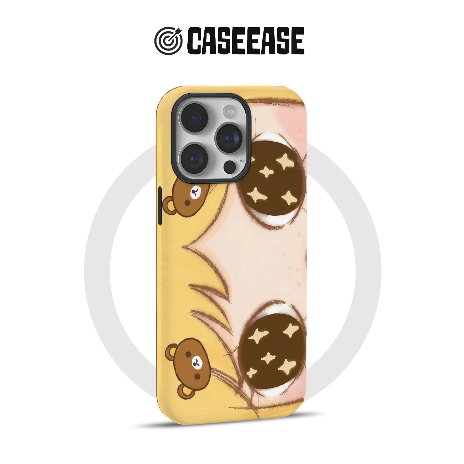 Yellow CASEEASE phone case with cute bear and anime eyes, rear angled product display