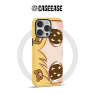 Yellow CASEEASE phone case with cute bear and anime eyes, rear angled product display