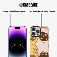 Yellow cartoon phone case shown front and back with raised screen and camera frames