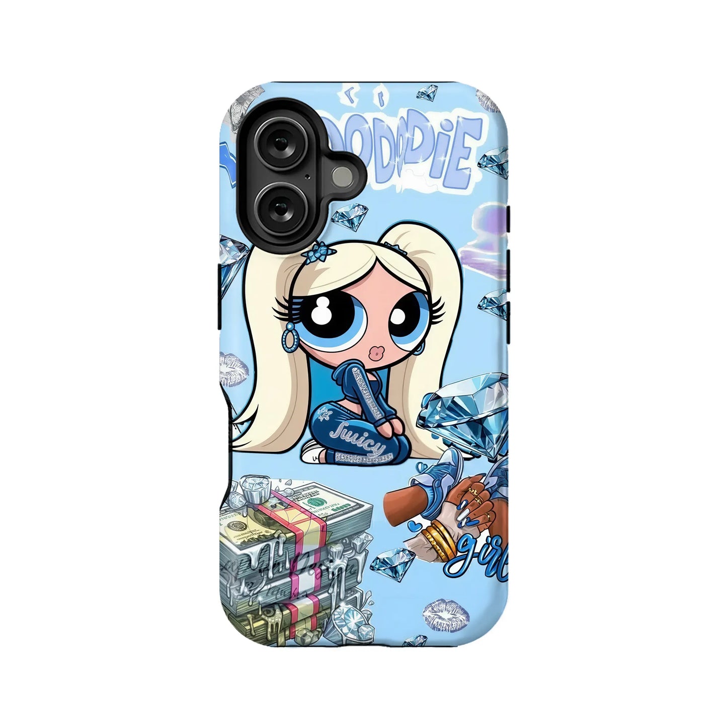 Light blue cartoon phone case with blonde doll and diamond graphics, rear angle