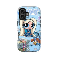 Light blue cartoon phone case with blonde doll and diamond graphics, rear angle