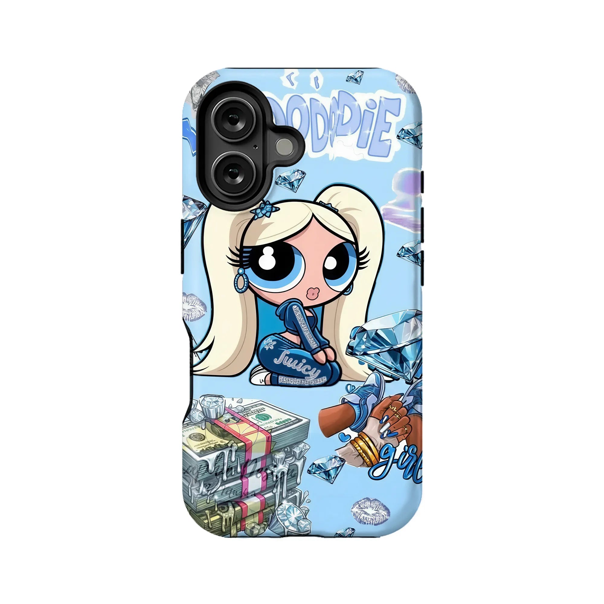 Light blue cartoon phone case with blonde doll and diamond graphics, rear angle