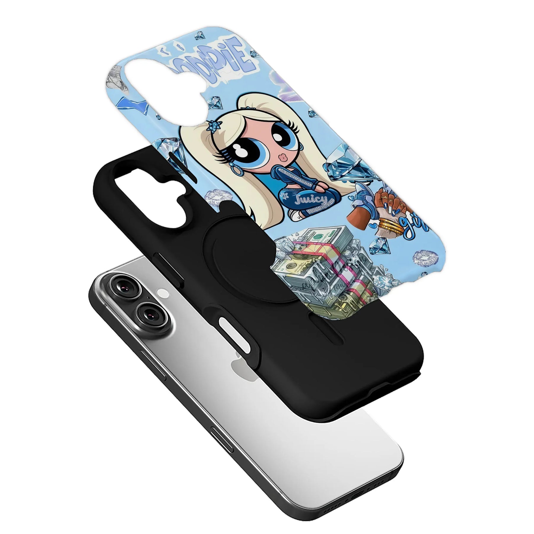 Blue cartoon diamond phone case with black liner shown angled above smartphone