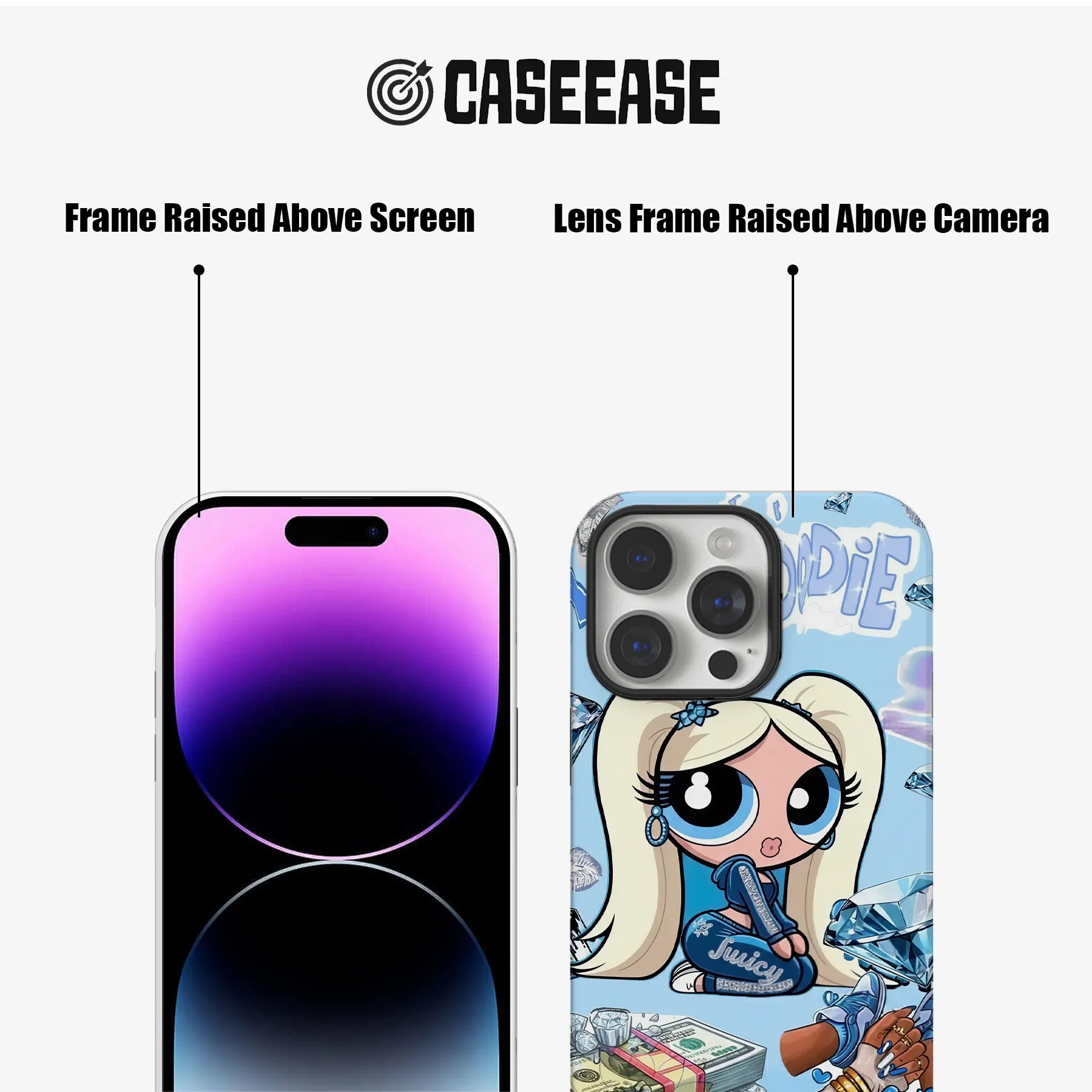 Blue cartoon phone case shown front and back with raised screen and camera frames