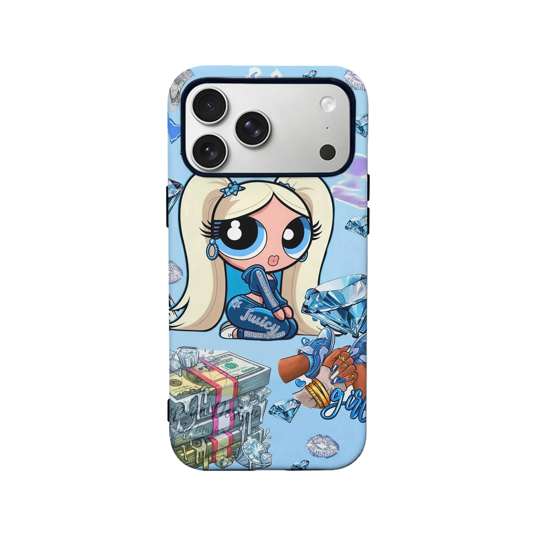 Blue cartoon girl and diamond print phone case, rear camera angle for Shopify product