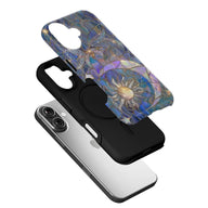 Angled exploded black phone case with iridescent blue floral patterned backplate
