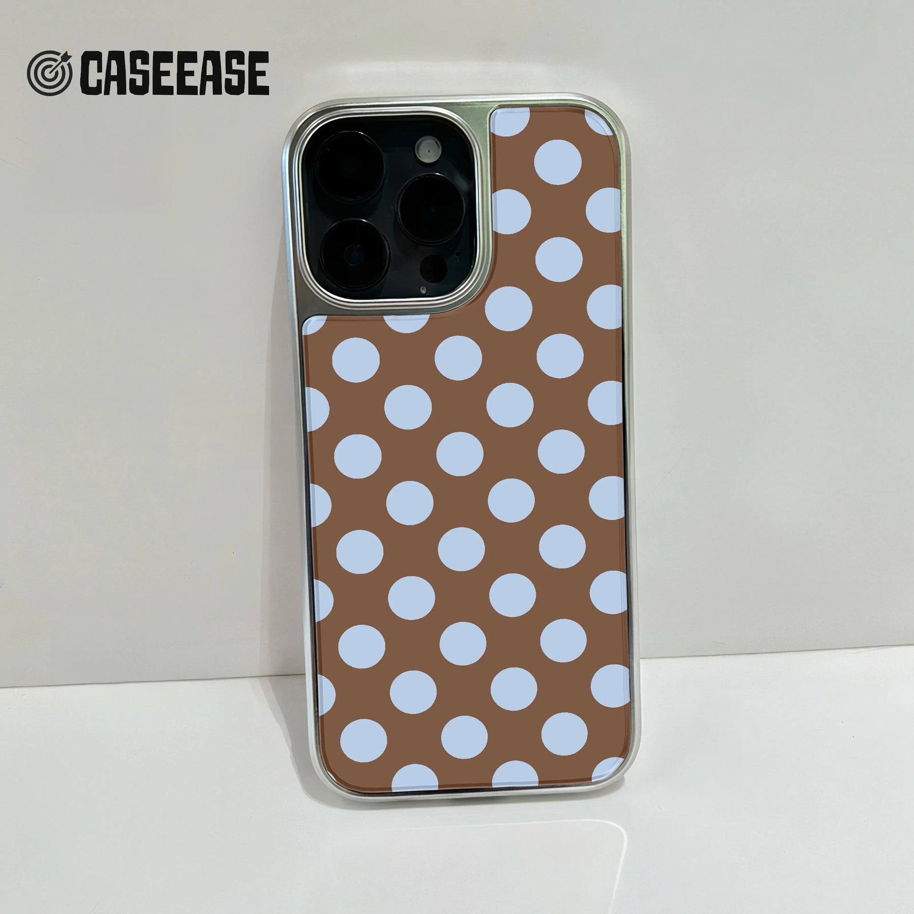 Holographic Chrome Polka Dot Phone Case - Stylish Blue Dots on Brown