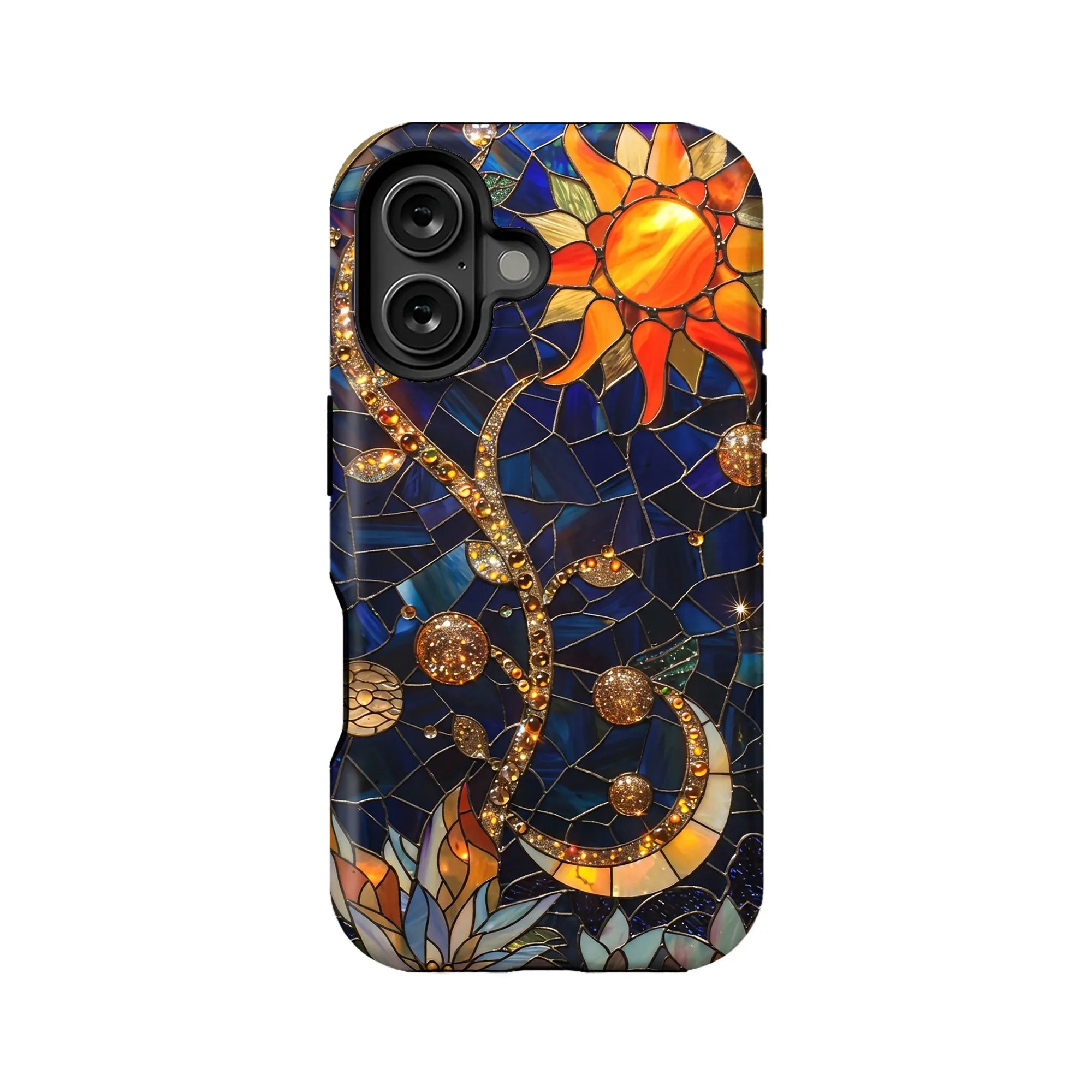 Front view phone case with blue stained glass sun and moon design