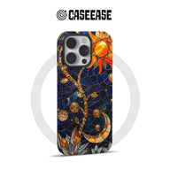 CASEEASE phone case with blue stained glass sun design, rear three-quarter product angle