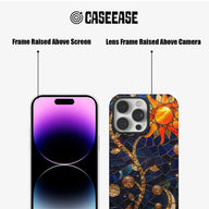 Colorful stained glass style iPhone case close-up showing raised screen and camera frames