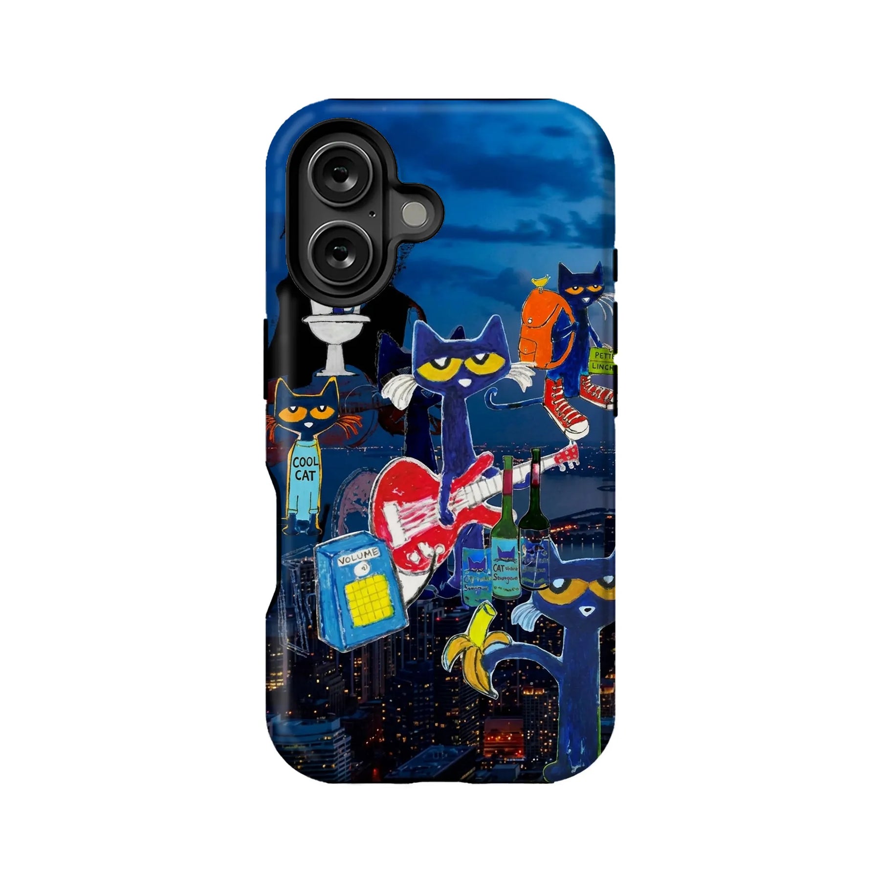 Blue illustrated cat phone case with camera cutout, rear product angle on white background