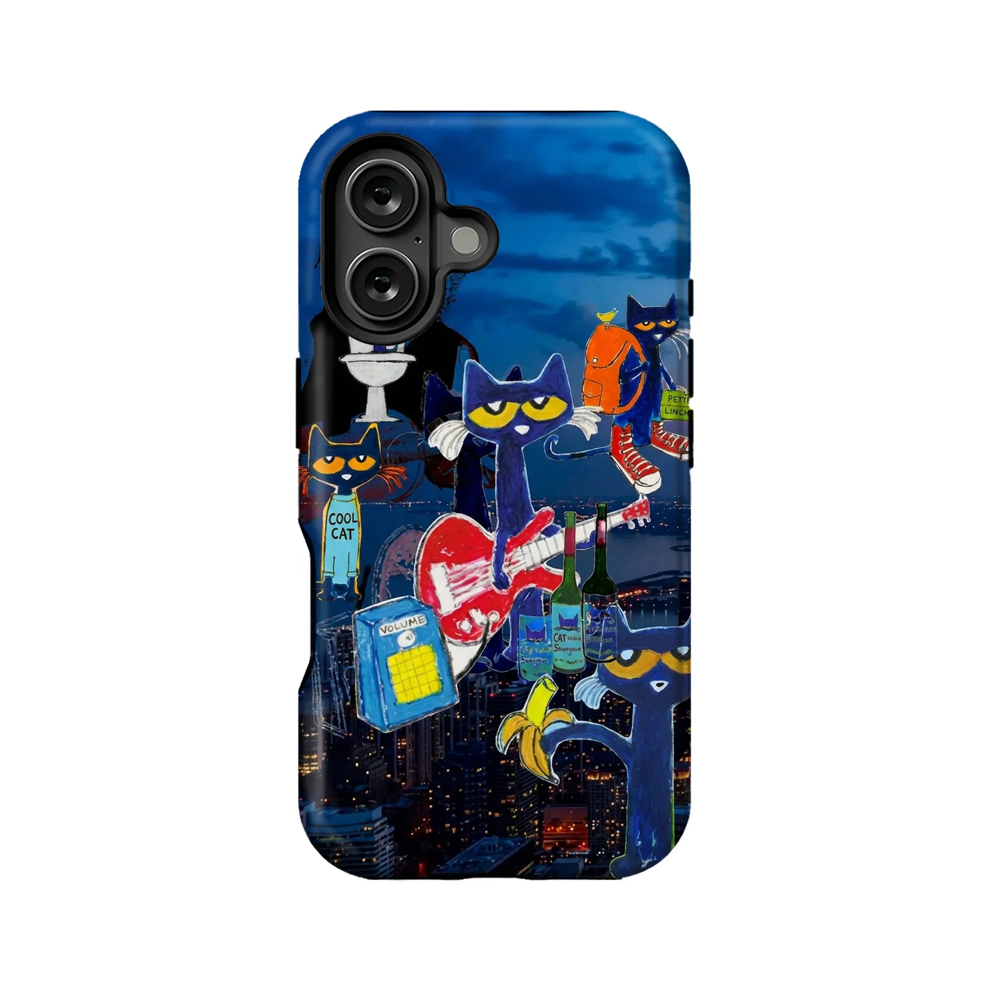 Blue illustrated cat phone case with camera cutout, rear product angle on white background