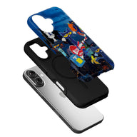 Blue illustrated cat phone case over black base, angled product view for smartphone