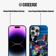 Blue illustrated cat phone case front and back showing raised screen and camera frames