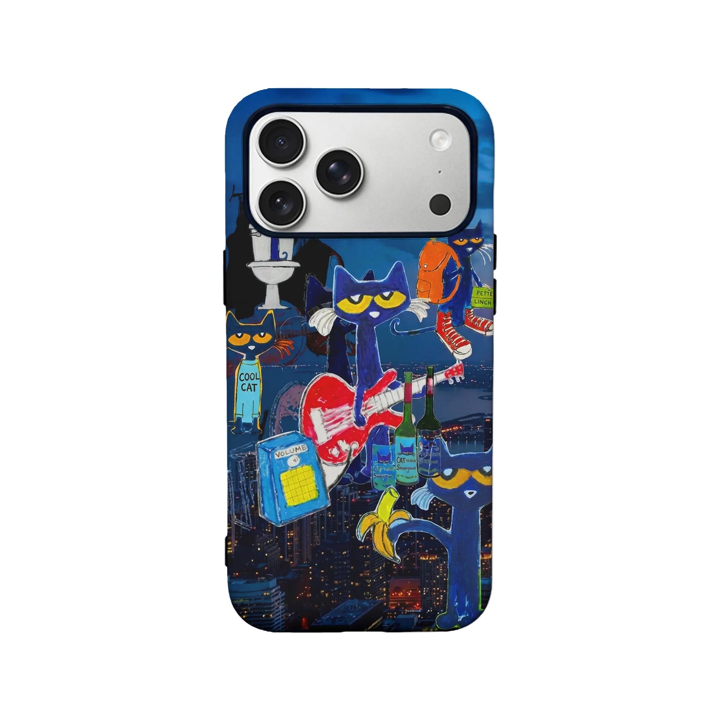 Blue phone case with cartoon cats and city scene, shown from back