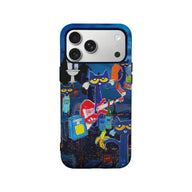 Blue phone case with cartoon cats and city scene, shown from back