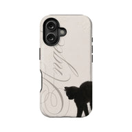 Beige floral phone case with black cat design, rear angle product view