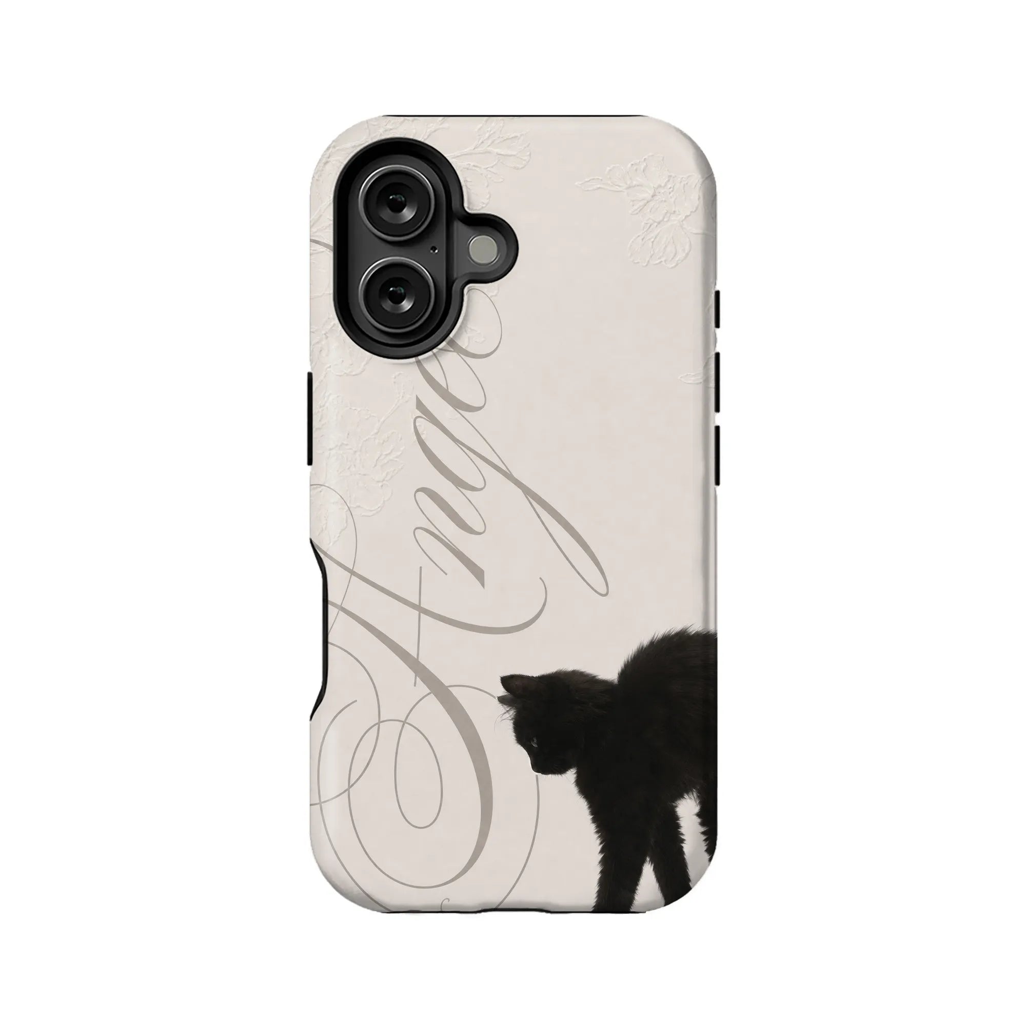 Beige floral phone case with black cat design, rear angle product view