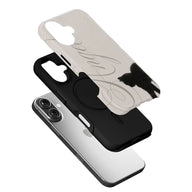 Exploded angled black phone case with beige floral cat print cover