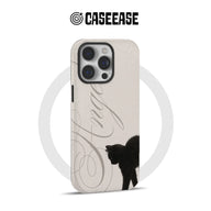 Beige iPhone case with black cat, floral script design, rear product view