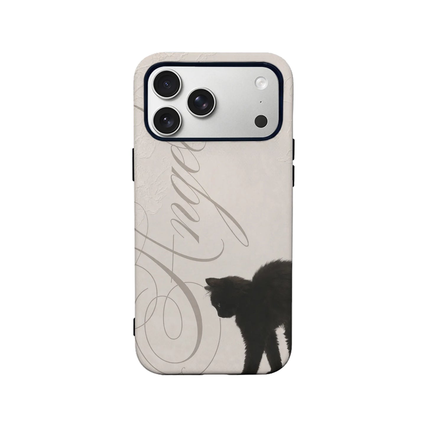 Beige phone case with black cat and script design, rear product view