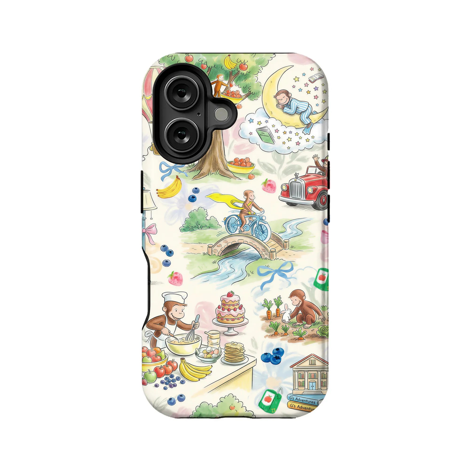 Cream phone case with colorful storybook monkey illustrations, rear product angle