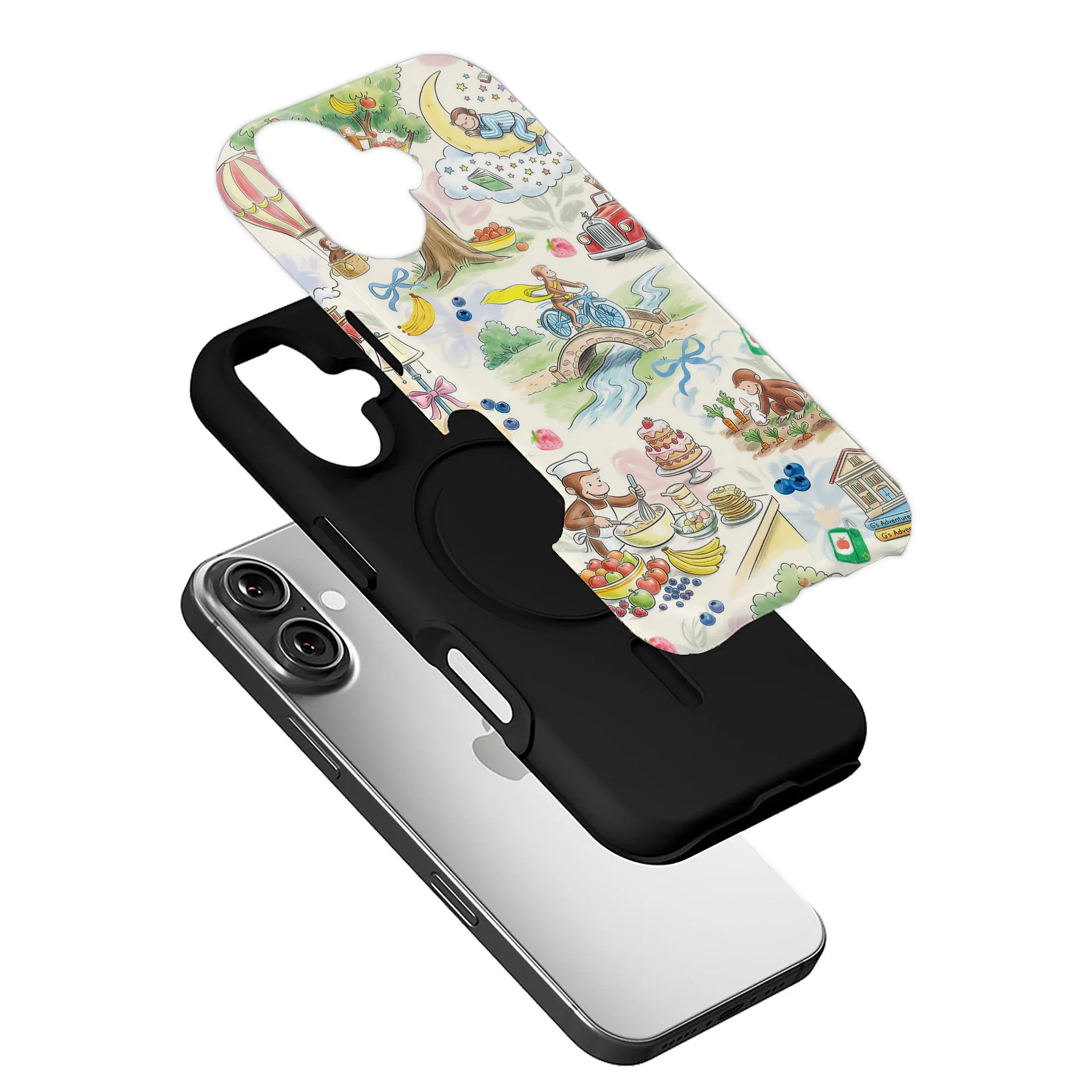Cream illustrated monkey adventure phone case with black base, angled exploded product display