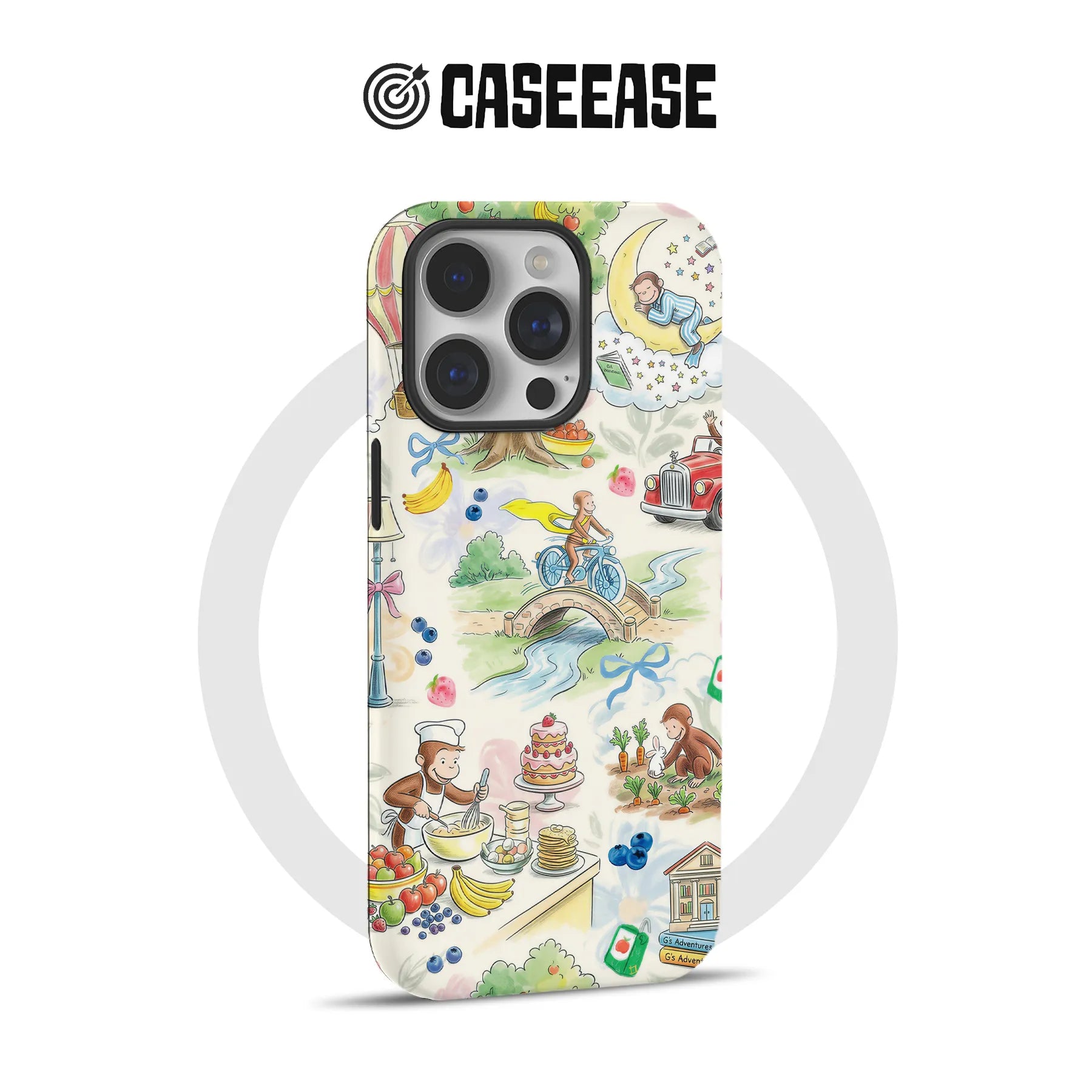 Cream smartphone case with colorful storybook illustrations, rear angle for product listing