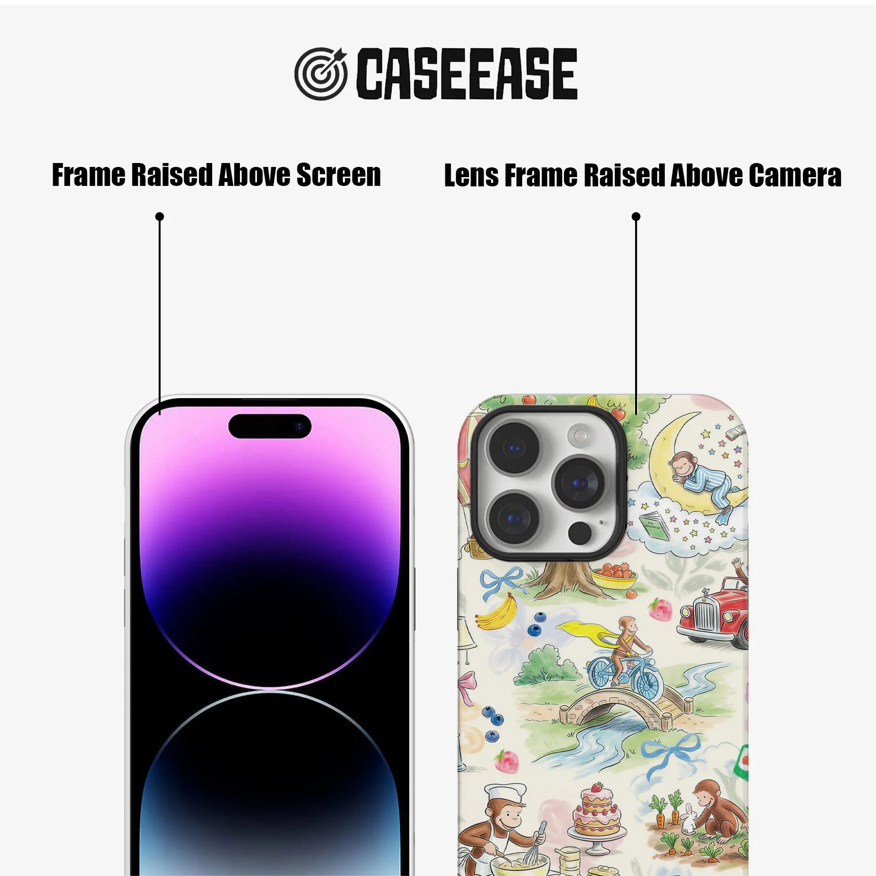 Cream illustrated phone case front and back showing raised screen and camera frames