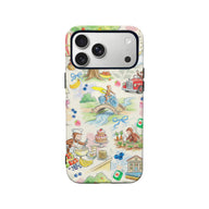 Cream illustrated phone case with colorful storybook scenes, rear angle on smartphone