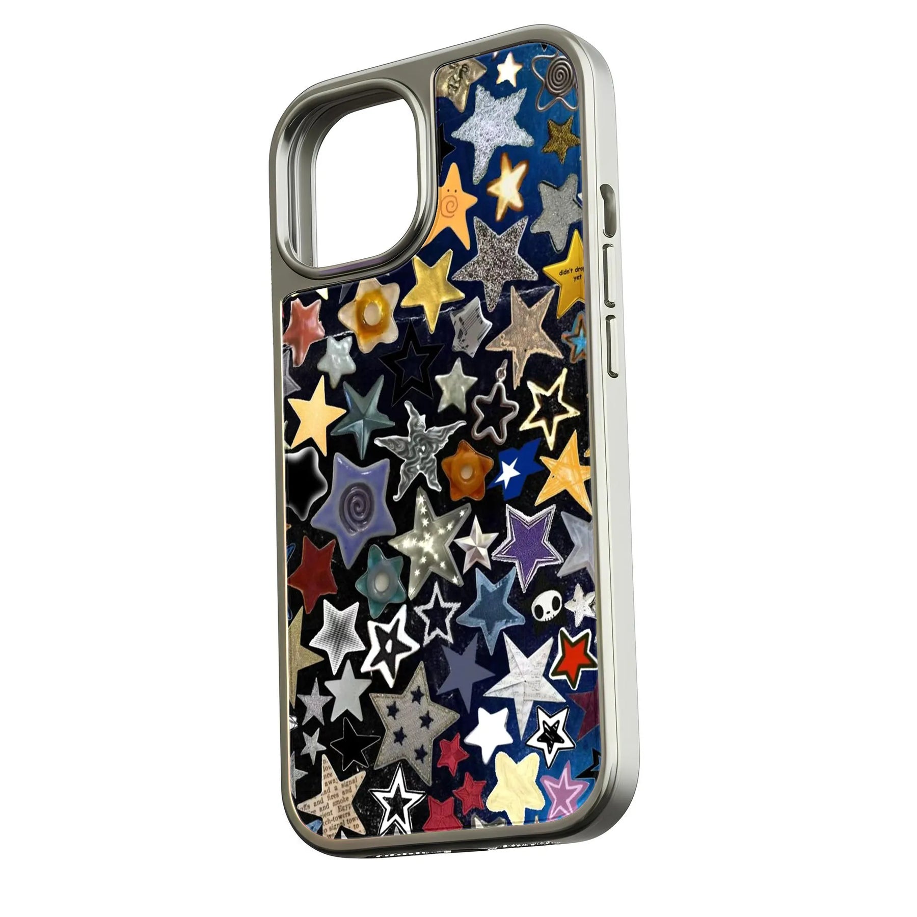 Silver phone case with colorful star collage design, shown angled from back side
