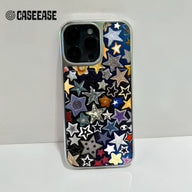 Silver-edged CASEEASE phone case with colorful star collage, rear camera close-up