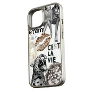 Silver phone case with collage art, leopard lips, disco ball, angled product view