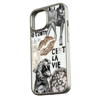 Silver phone case with collage art, leopard lips, disco ball, angled product view