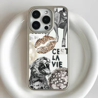 Silver collage phone case close-up showing camera cutout, leopard and disco ball design
