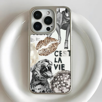 Silver collage phone case close-up showing camera cutout, leopard and disco ball design