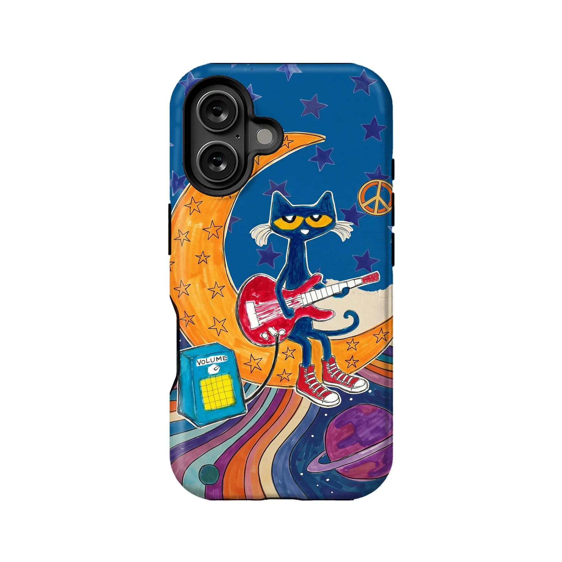 Blue illustrated phone case with guitar-playing cat and moon, rear product view