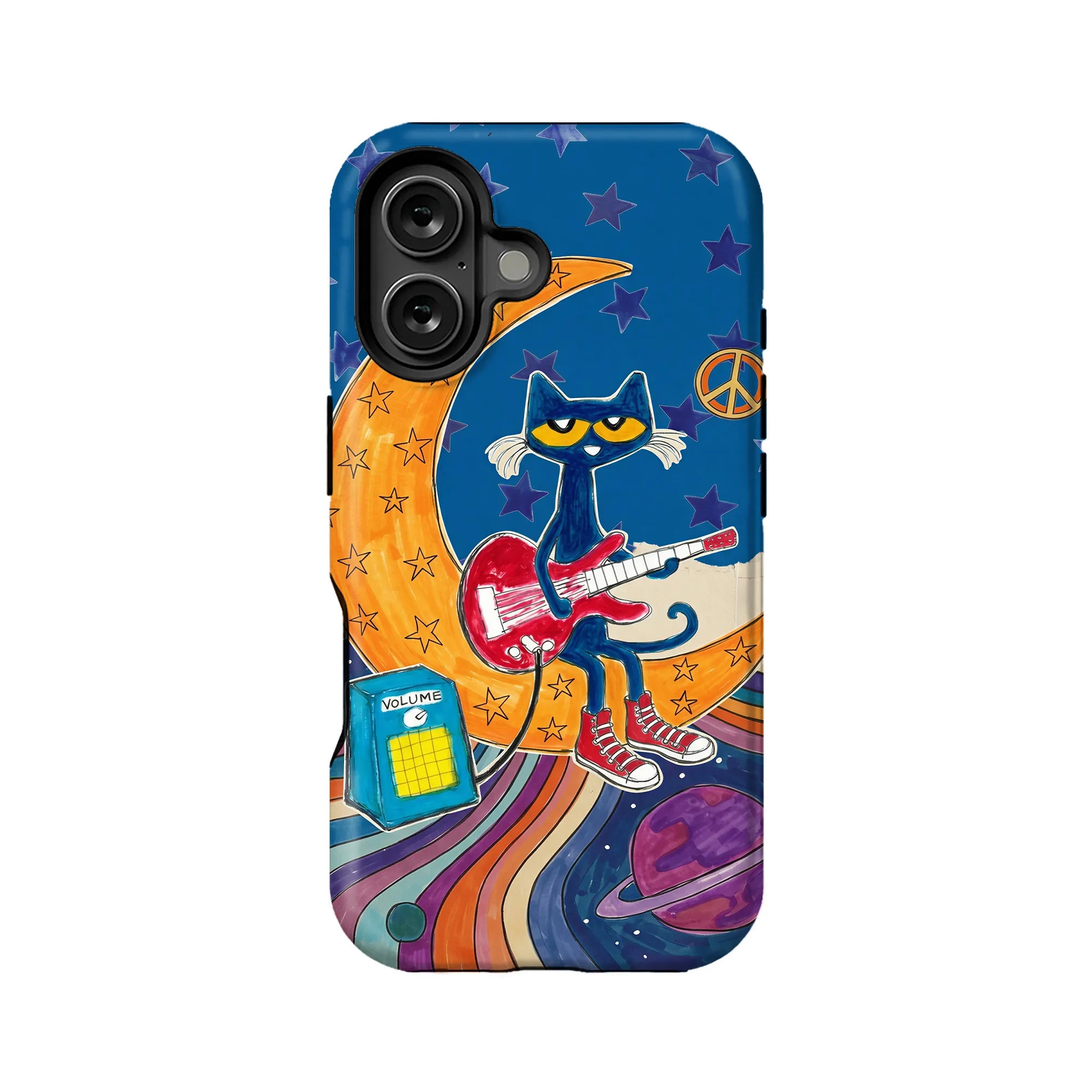 Blue illustrated phone case with guitar-playing cat and moon, rear product view