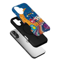 Colorful cat guitarist moon design phone case with black inner shell, angled exploded product layout