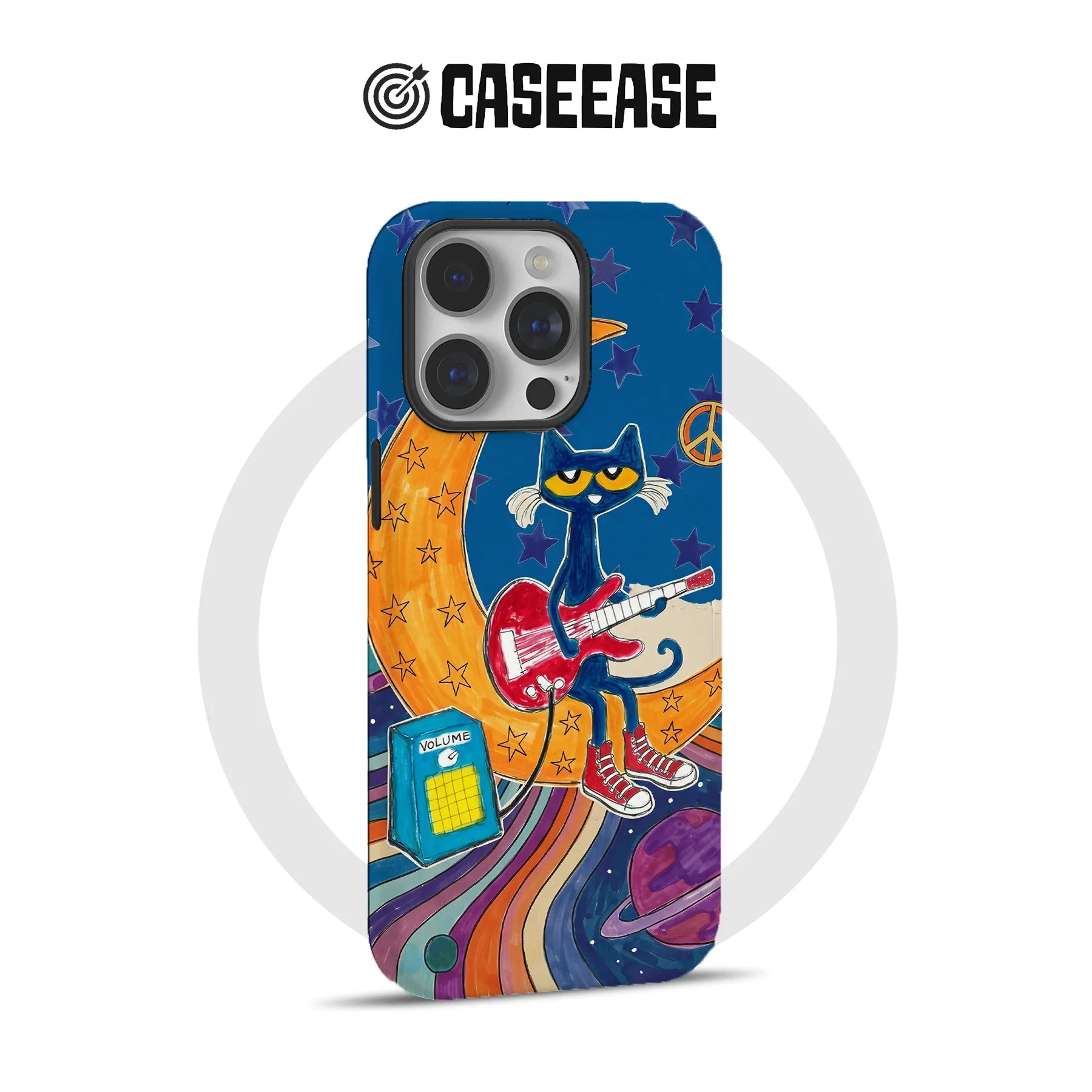 Blue illustrated phone case, rear view, cat playing guitar on moon design