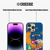 Blue illustrated cat guitar phone case, front and rear views with raised frames