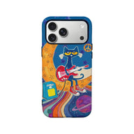 Colorful phone case with blue guitar cat artwork, rear product angle
