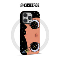 Black and peach CASEEASE phone case with starry cartoon eyes, rear product angle
