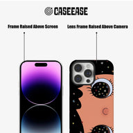 Black illustrated phone case front and back showing raised screen and camera bezels