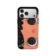 Black and peach starry eye print phone case, rear product view